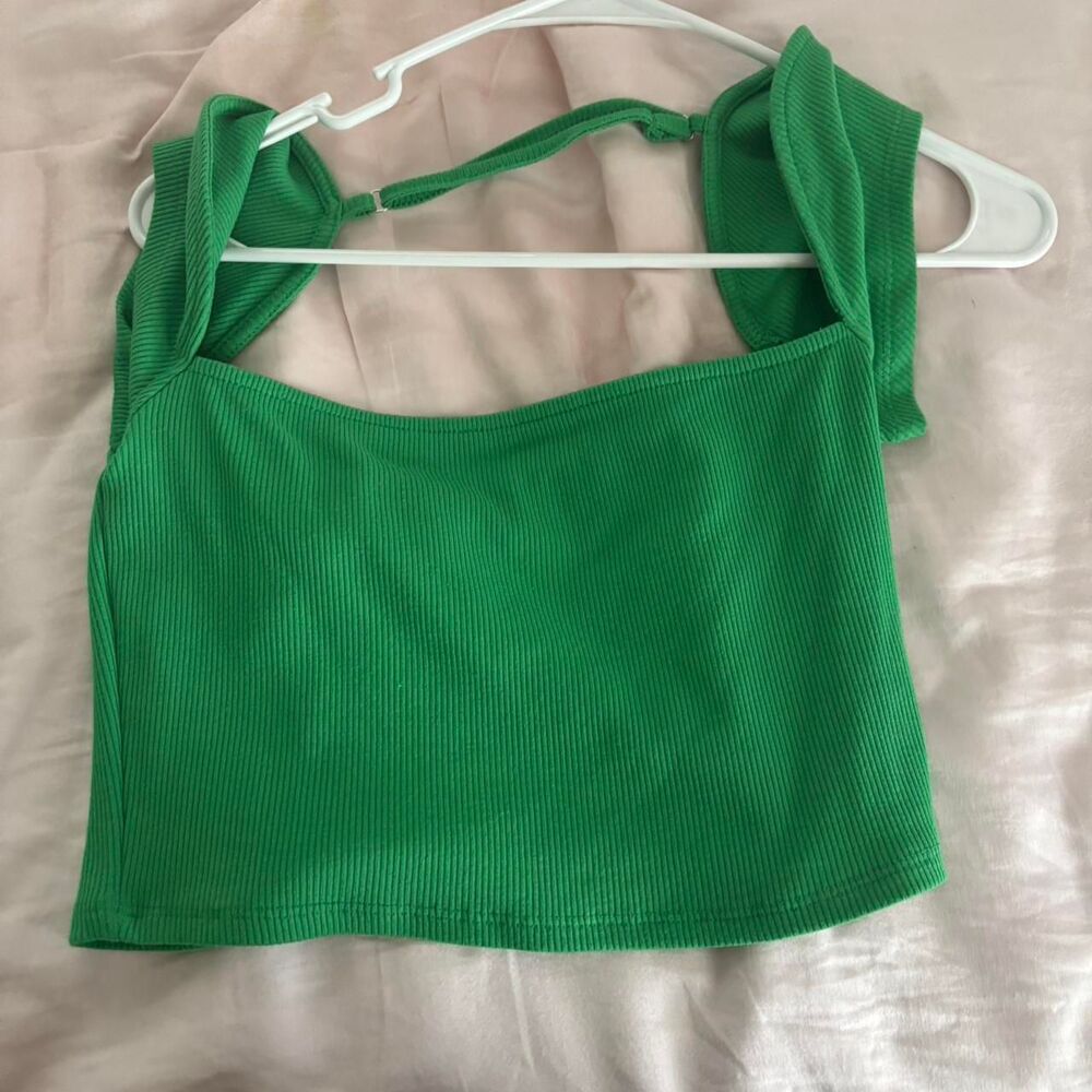 SHEIN Ribbed T-Shirt Medium Women's Green Crop-Top Blouse Summer Spring